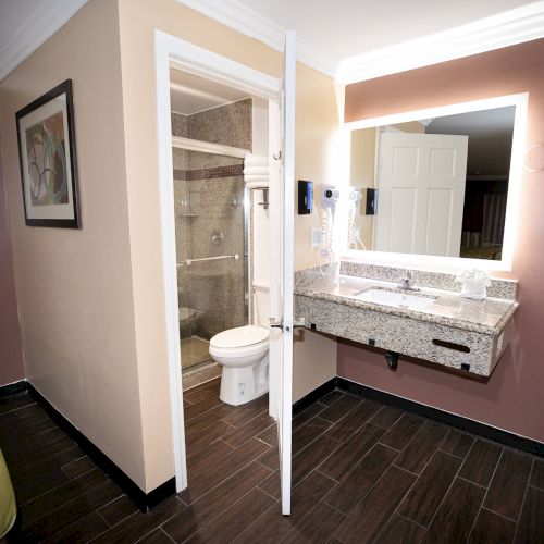 The image shows a bathroom connected to a bedroom, featuring a toilet, shower, sink with granite countertop, and a large mirror with lights.
